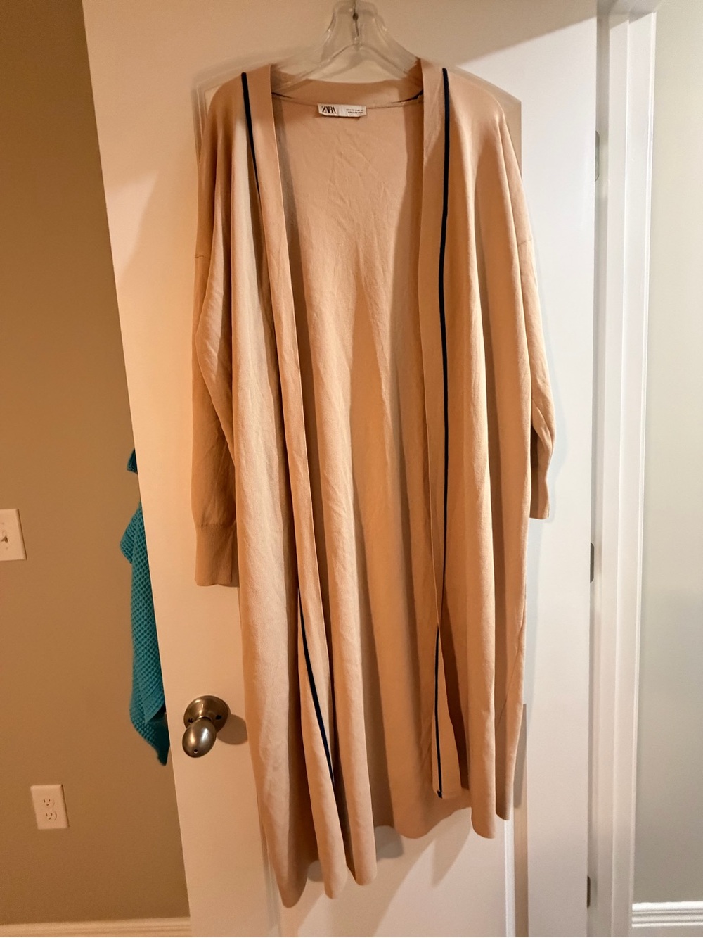 Zara Beige Longline Open Cardigan with Dark Trim